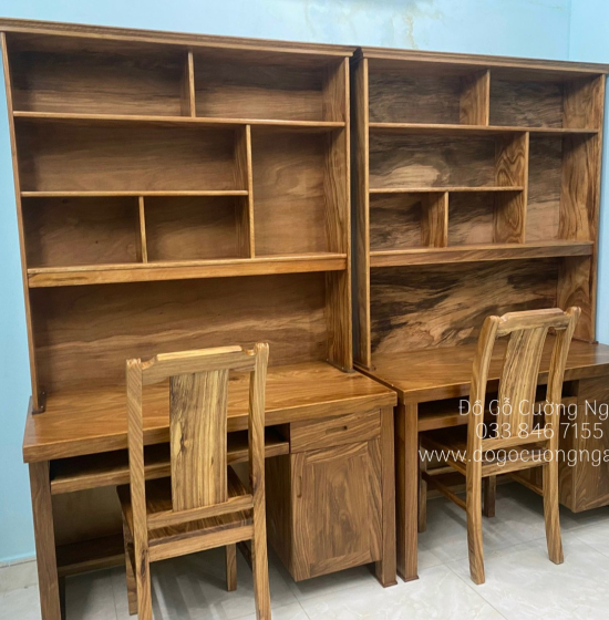 Bàn Học Sinh Gỗ Hương Xám 1m2 Kèm Giá Sách Hiện Đại 