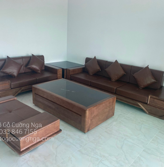 Bộ Bàn Ghế Sofa Gỗ Sồi Nga Lau Màu Óc Chó Sơn Inchen - 2 Văng Thuyền SF 072