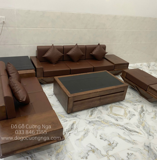 Bộ Bàn Ghế Sofa Gỗ Sồi Nga Lau Màu Óc Chó Sơn Inchen - 2 Văng Thuyền SF 072