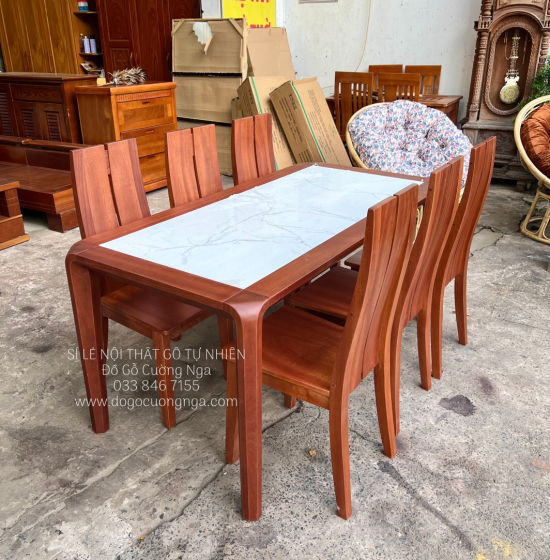 Bộ bàn ăn gỗ Xoan Đào mặt đá 6 ghế - chân hươu cao cấp 