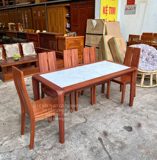 Bộ bàn ăn gỗ Xoan Đào mặt đá 6 ghế - chân hươu cao cấp 