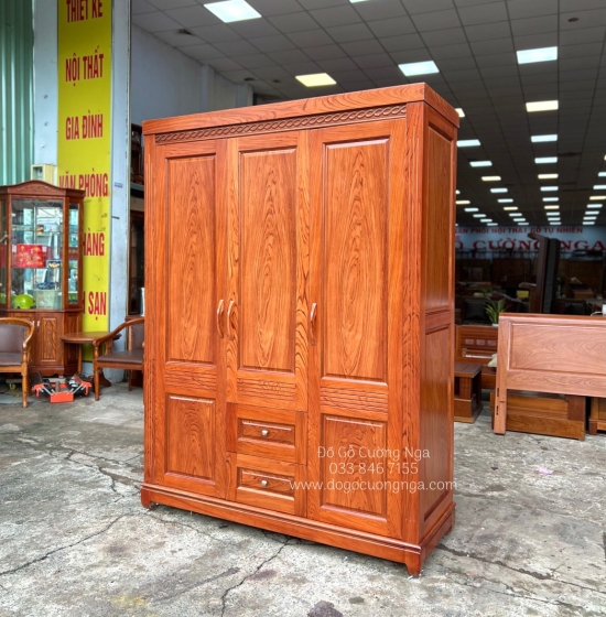Tủ áo gỗ hương đá 3 cánh - 1m6 mẫu đơn giản