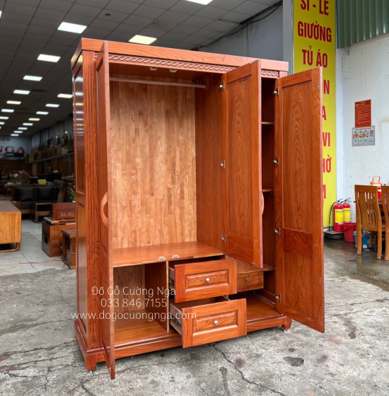 Tủ áo gỗ hương đá 3 cánh - 1m6 mẫu đơn giản