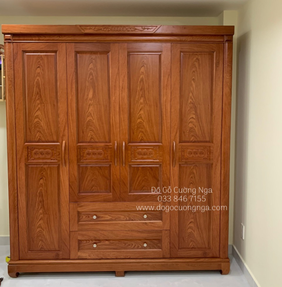 Tủ áo gỗ hương đá 4 cánh - 2m  mẫu đồng tiền 