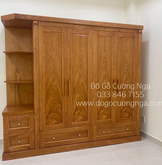 Tủ quần áo gỗ gõ đỏ 4 cánh 2m3 vế trái - kèm kệ trang trí 