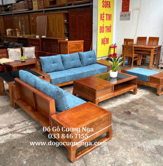 Bàn Ghế Sofa 2 Văng Gỗ Sồi Nga Lau Màu Hương Kèm Nệm - Chân Hươu
