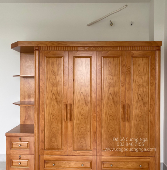 Tủ quần áo gỗ gõ đỏ 4 cánh 2m3 vế trái - kèm kệ trang trí 