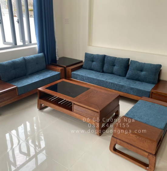 Bàn Ghế Sofa 2 Văng Gỗ Sồi Nga Lau Màu Hương Kèm Nệm - Chân Hươu