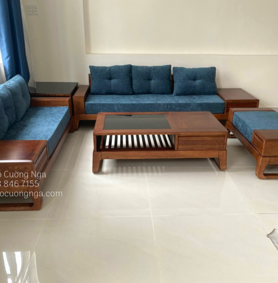Bàn Ghế Sofa Gỗ Sồi Nga Lau Màu Hương - Ghế 2 Văng Kèm Nệm 