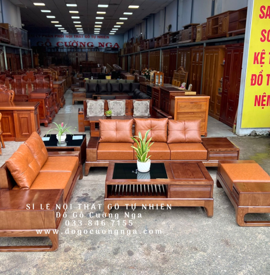 Bàn Ghế Sofa 2 Văng Gỗ Sồi Nga Lau Màu Hương Kèm Nệm - Chân Hươu