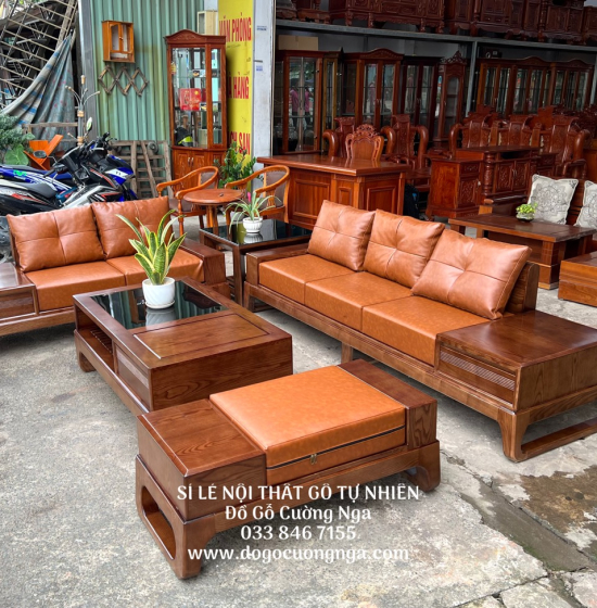 Bộ Bàn Ghế Sofa Gỗ Sồi Nga Mẫu 2 Văng Choãi - Màu Óc Chó SF 077