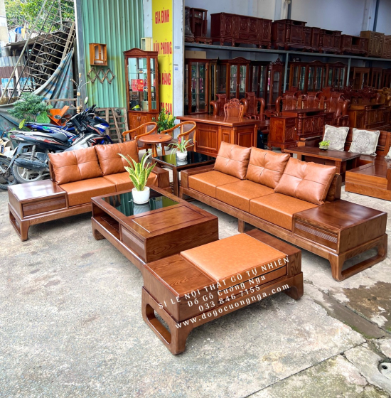 Bộ Bàn Ghế Sofa Gỗ Sồi Nga Mẫu 2 Văng Choãi - Màu Óc Chó SF 077
