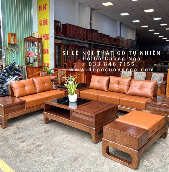 Bộ Bàn Ghế Sofa Gỗ Sồi Nga Mẫu 2 Văng Choãi - Màu Óc Chó SF 077