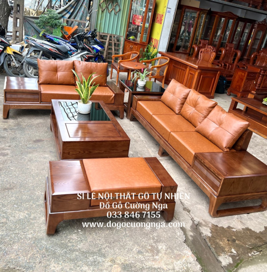 Bộ Bàn Ghế Sofa Gỗ Sồi Nga Mẫu 2 Văng Choãi - Màu Óc Chó SF 077