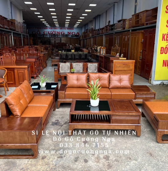 Bộ Bàn Ghế Sofa Gỗ Sồi Nga Mẫu 2 Văng Choãi - Màu Óc Chó SF 077