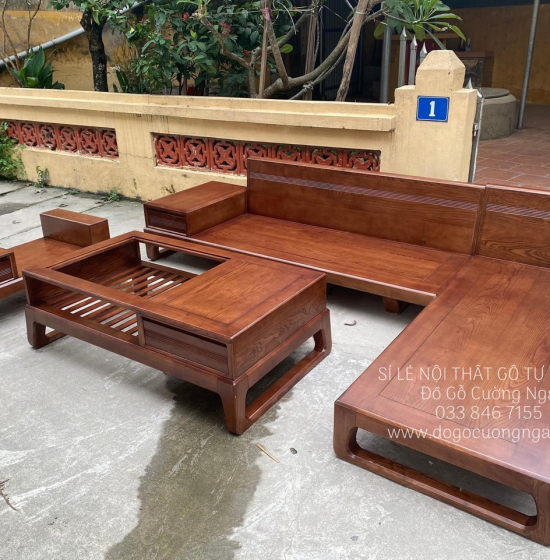 Bộ Bàn Ghế Sofa Gỗ Sồi Nga Mẫu 2 Văng Choãi - Màu Óc Chó SF 077