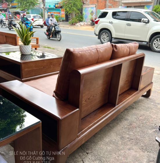 Bộ Bàn Ghế Sofa Gỗ Sồi Nga Mẫu 2 Văng Choãi - Màu Óc Chó SF 077