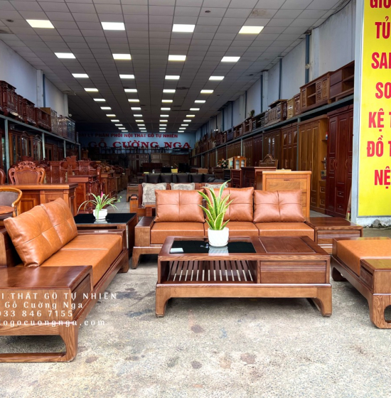 Bộ Bàn Ghế Sofa Gỗ Sồi Nga Mẫu 2 Văng Choãi - Màu Óc Chó SF 077