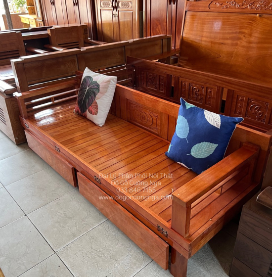 Ghế Giường Gỗ Sồi 2 Ngăn Kéo 1m4x1m9 Màu Cánh Gián Đẹp Giá Rẻ 