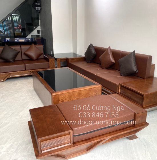 Bộ Bàn Ghế Sofa Gỗ Sồi Nga Lau Màu Óc Chó Sơn Inchen - 2 Văng Thuyền SF 072