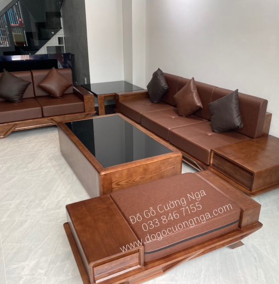 Bộ Bàn Ghế Sofa 2 Văng Thuyền Gỗ Sồi Nga Lau Màu Óc Chó Kèm Nệm