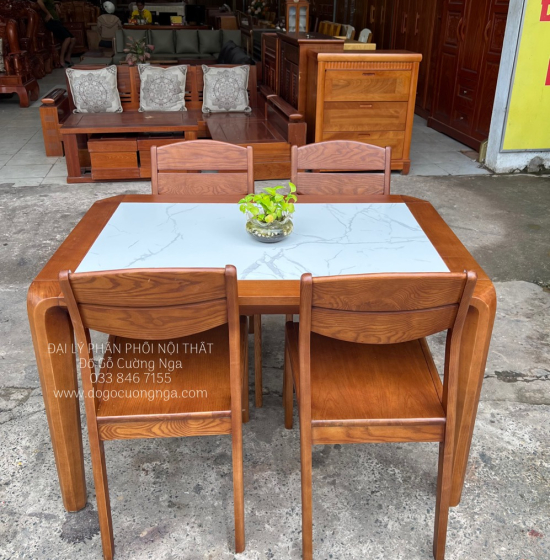 Bọ Bàn Ăn Gỗ Sồi Nga 4 Ghế Mặt Đá - Lau Màu Óc Chó Hiện Đại 