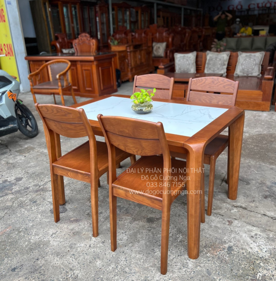 Bọ Bàn Ăn Gỗ Sồi Nga 4 Ghế Mặt Đá - Lau Màu Óc Chó Hiện Đại 
