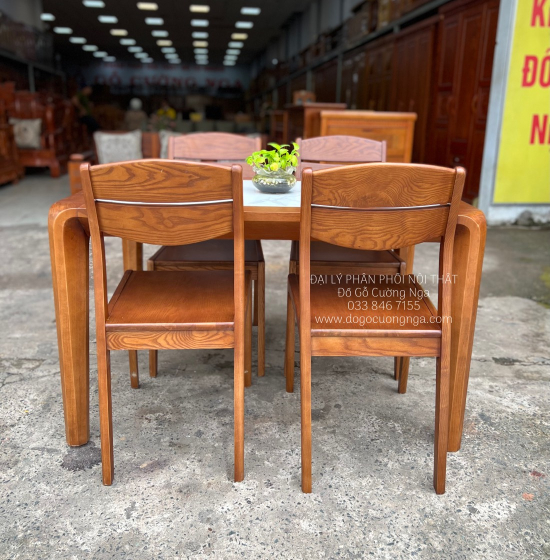 Bọ Bàn Ăn Gỗ Sồi Nga 4 Ghế Mặt Đá - Lau Màu Óc Chó Hiện Đại 