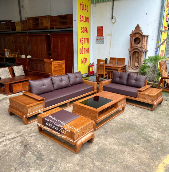 Bàn Ghế Sofa Gỗ Sồi Nga - 2 Văng Mẫu Đùi Gà Sơn Inchen Cao Cấp 