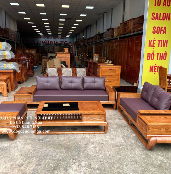 Bàn Ghế Sofa Gỗ Sồi Nga - 2 Văng Mẫu Đùi Gà Sơn Inchen Cao Cấp 