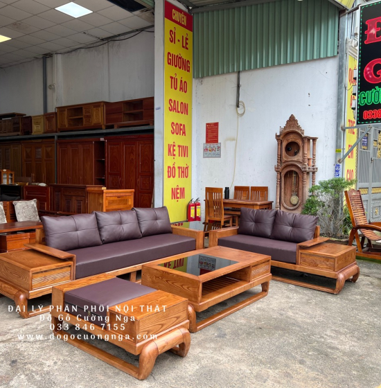 Bàn Ghế Sofa Gỗ Sồi Nga - 2 Văng Mẫu Đùi Gà Sơn Inchen Cao Cấp 