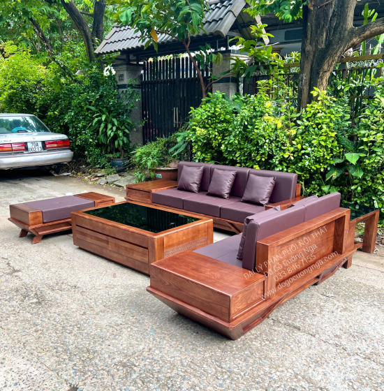 Bộ Bàn Ghế Sofa Gỗ Sồi Nga Lau Màu Óc Chó Sơn Inchen - 2 Văng Thuyền SF 072