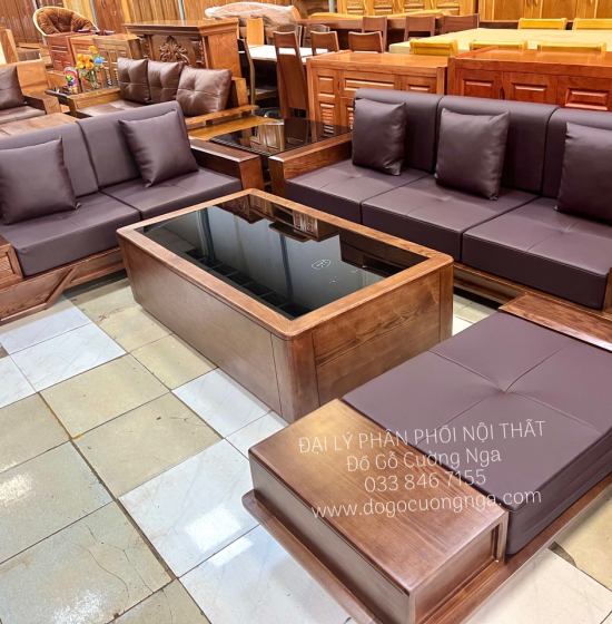 Bộ Bàn Ghế Sofa Gỗ Sồi Nga Lau Màu Óc Chó Sơn Inchen - 2 Văng Thuyền SF 072