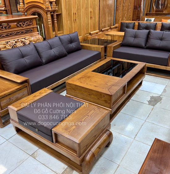 Bàn Ghế Sofa Gỗ Sồi Nga - 2 Văng Mẫu Đùi Gà Sơn Inchen Cao Cấp 