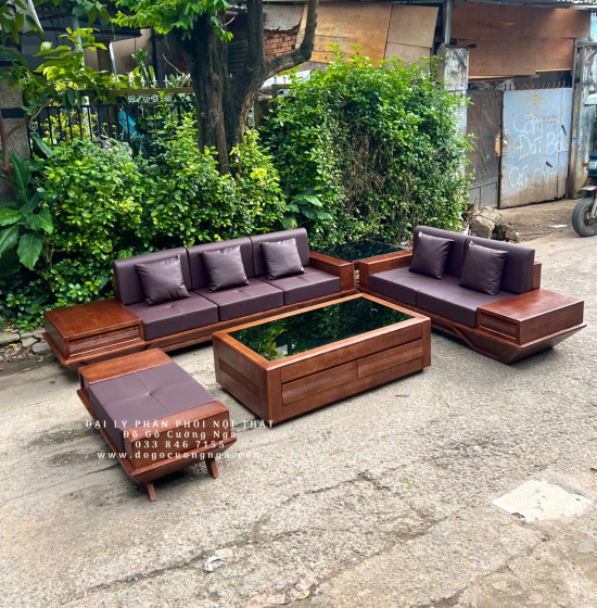 Bộ Bàn Ghế Sofa 2 Văng Thuyền Gỗ Sồi Nga Lau Màu Óc Chó Kèm Nệm