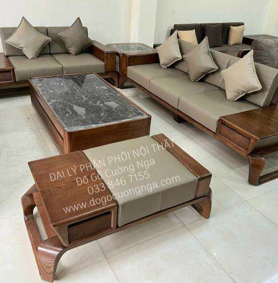 Bàn Ghế Sofa Gỗ Sồi Nga 2 Văng Chân Xoắn Lau Màu Óc Chó Hiện Đại 