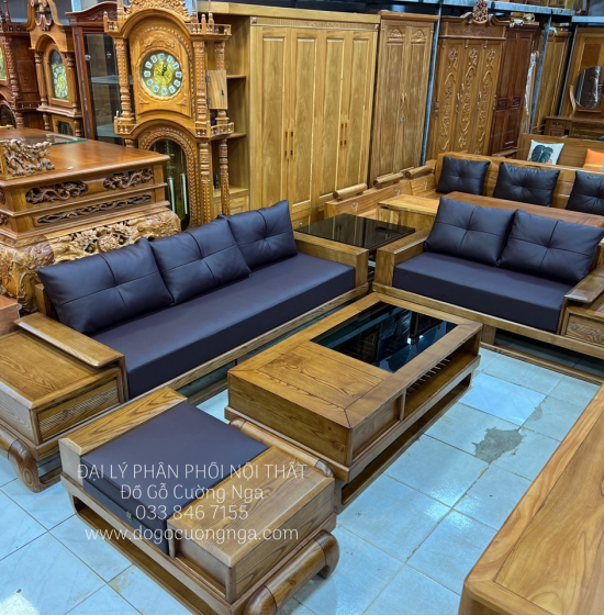 Bàn Ghế Sofa Gỗ Sồi Nga - 2 Văng Mẫu Đùi Gà Sơn Inchen Cao Cấp 
