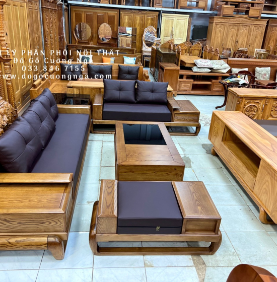 Bàn Ghế Sofa Gỗ Sồi Nga - 2 Văng Mẫu Đùi Gà Sơn Inchen Cao Cấp 