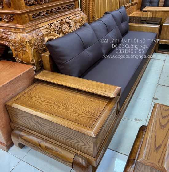 Bộ Ghế Sofa Hai Văng Gỗ Sồi Nga Lau Màu Hương Cao Cấp 