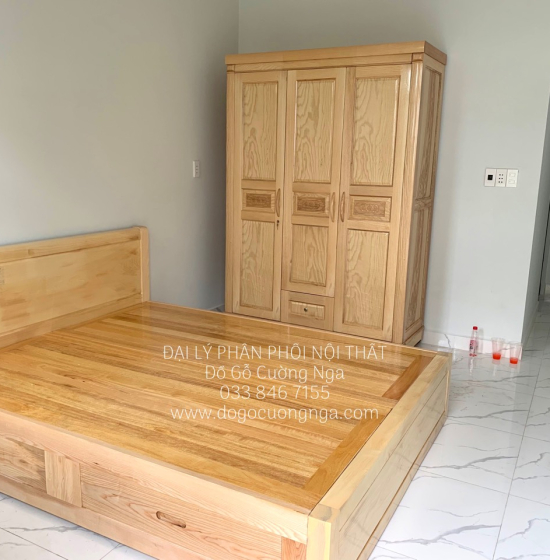 Giường gỗ sồi nga 2 ngăn kéo mẫu trơn - vạt phản 
