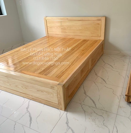 Giường gỗ sồi nga 2 ngăn kéo mẫu trơn - vạt phản 