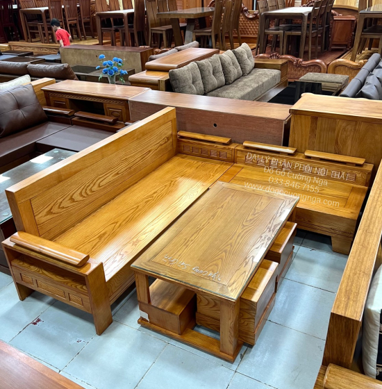 Bộ Bàn Ghế Sofa Góc L Gỗ Sồi Nga 2mx1m8 Giá Rẻ - Lau Màu Gõ Đỏ 