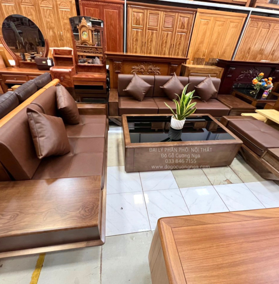 Bộ Bàn Ghế Sofa 2 Văng Thuyền Gỗ Sồi Nga Lau Màu Óc Chó Kèm Nệm