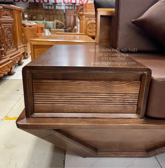 Bộ Bàn Ghế Sofa 2 Văng Thuyền Gỗ Sồi Nga Lau Màu Óc Chó Kèm Nệm