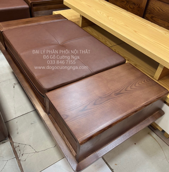 Bộ Bàn Ghế Sofa 2 Văng Thuyền Gỗ Sồi Nga Lau Màu Óc Chó Kèm Nệm