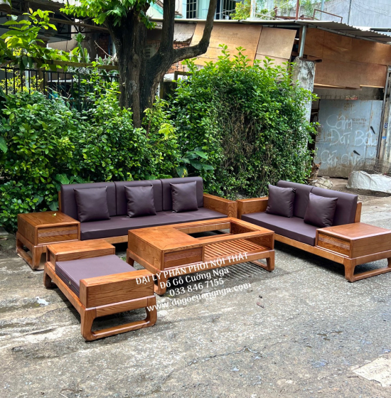 Bàn Ghế Sofa Gỗ Sồi Nga 2 Văng Choãi - Lau Màu Óc Chó SF 071