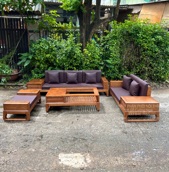Bàn Ghế Sofa Gỗ Sồi Nga 2 Văng Choãi - Lau Màu Óc Chó SF 071