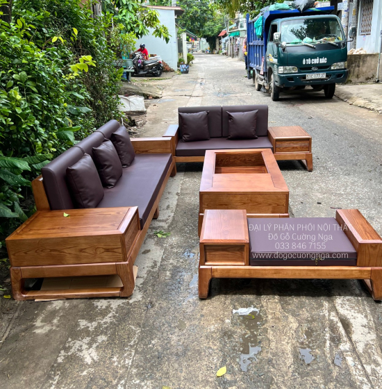 Bàn Ghế Sofa Gỗ Sồi Nga 2 Văng Choãi - Lau Màu Óc Chó SF 071