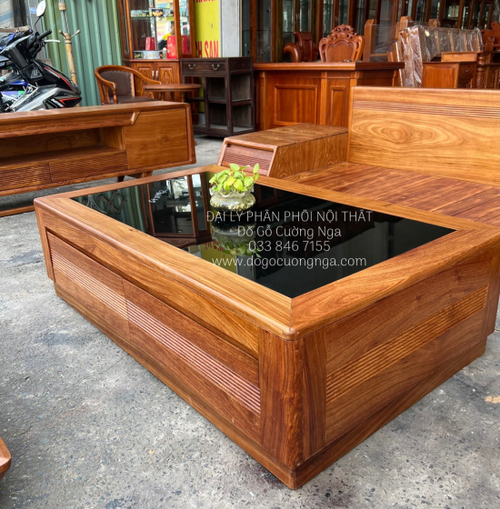 Bộ Ghế Sofa Gỗ Hương Vàng Cao Cấp - Mẫu 2 Văng Thuyền Kèm Nệm 