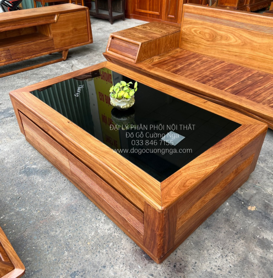 Bộ Ghế Sofa Gỗ Hương Vàng Cao Cấp - Mẫu 2 Văng Thuyền Kèm Nệm 